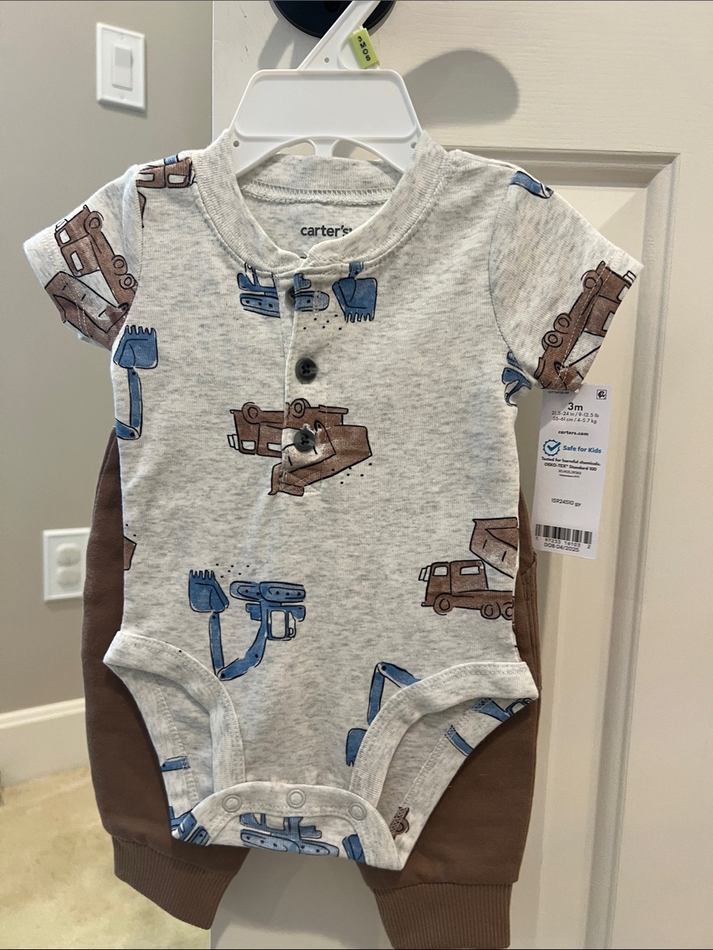 Carter's Gray Bodysuit with Blue and Brown Construction Print and Brown Pants